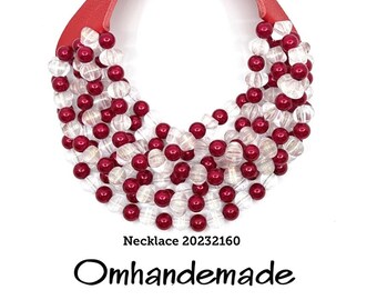 20232160 Clear and Red Necklace Multistrand Layered Necklace Chunky Necklace Leather Strap Collar Necklace Statement Necklace