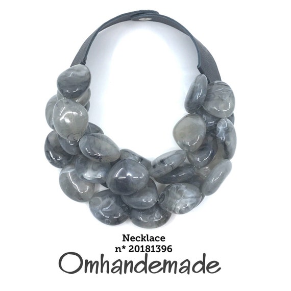 20181396 Gray Necklace, Bib Necklace, Beaded Layered Multistrand Necklace Maxi Resin Choker Necklace with Leather Braces