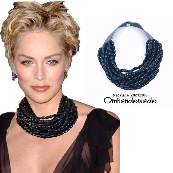20232106 Black necklace, black wood necklace, multi-strand choker bib necklace layers relief necklaces leather braces necklaces for her