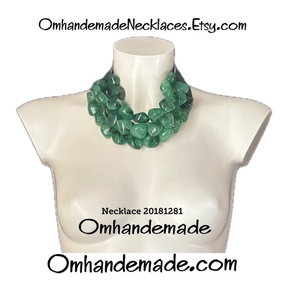 20181281 maxi necklace, green necklace, bib necklace, large necklace, green nuggets, multi-strand layered necklace in relief, leather collar