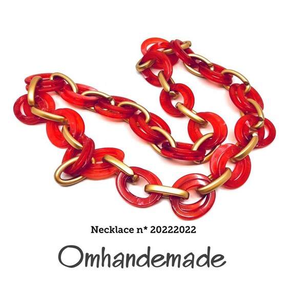 20222022 red and gold necklace, large mesh necklace, red and gold rings necklace, statement necklace, necklace for her, by Omhandemade
