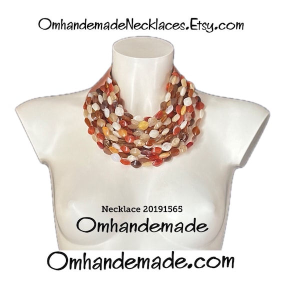 20191565 beige cream hazelnut caramel necklace, choker bib necklace, multi layer necklace with relief leather collar by Omhandemade