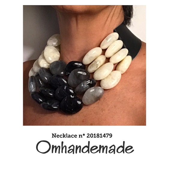 20181479 large pebbles necklace in cream gray black resin, choker necklace multi-strand necklace large large spheres necklace by OMHANDEMADE