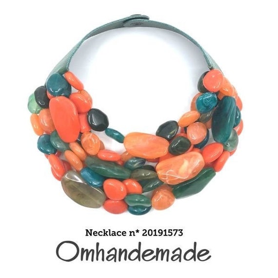 20191573 Bib necklace, orange green teal salmon orange necklace, multistrand necklace, layering necklace, embossed necklace