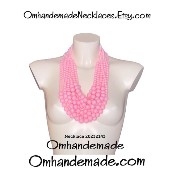 20232143 Pink Necklace Bib Necklace Pink Multistrand Necklace, Beaded Layered Necklace Pink Beaded Necklace Pink Statement Necklace