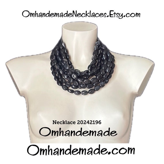 20242196 black necklace, bib necklace, relief layered multi-strand choker necklace, leather braces necklace, statement necklace