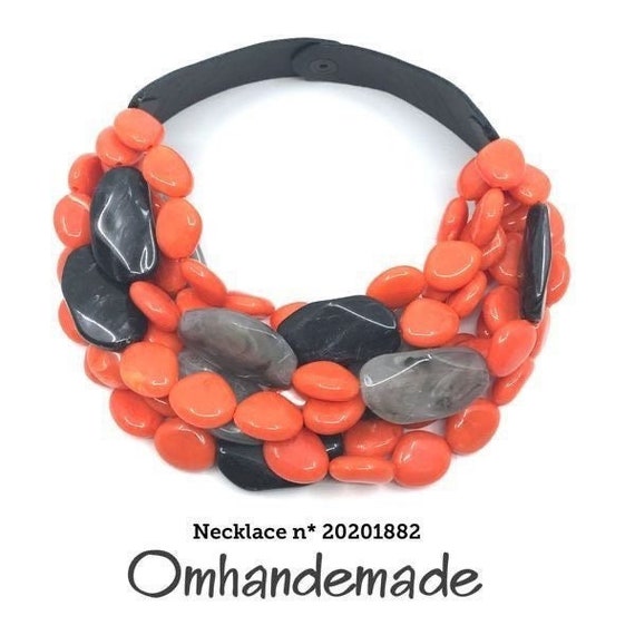 20201882 Orange Black and Gray Bib Necklace Choker Necklace, Beaded Layered Multistrand Necklace, Statement Necklace