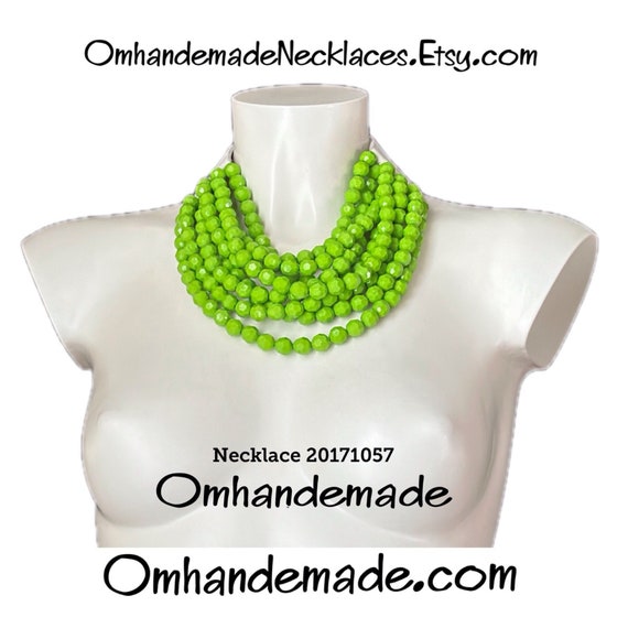 20171057 Lime Green Bib Necklace Beaded Layered Multi-strand Choker Necklace, Chunky Necklace Fairchild Baldwin Style Necklace