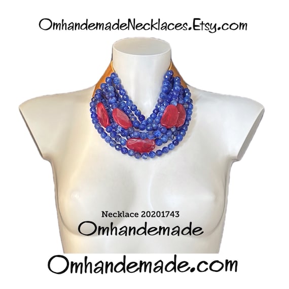 20201743 blue and red lapis necklace bib necklace choker blue and red beads leather collar multistrand layered relief necklace for her