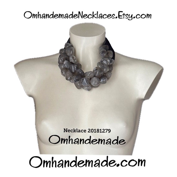 20181279 gray necklace, bib necklace choker necklace maxi necklace large gray beads multi-strand layered relief necklace