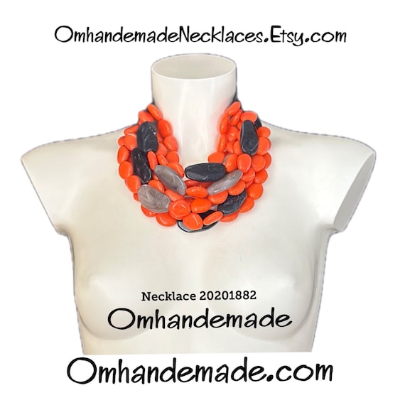 20201882 Orange Black and Gray Necklace Bib Necklace Choker Necklace, Multi Strand Layered Relief Necklace, Statement Necklace