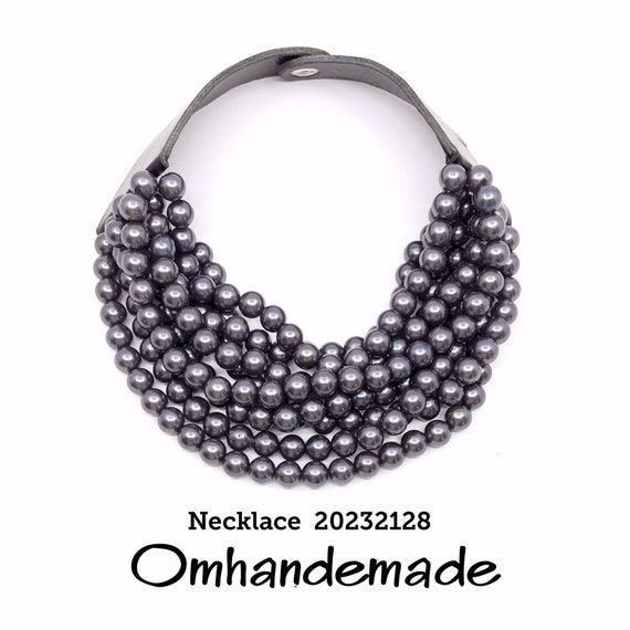 20232128 multistrand necklace dark gray pearl necklace choker necklace bib necklace leather collar necklace statement necklace