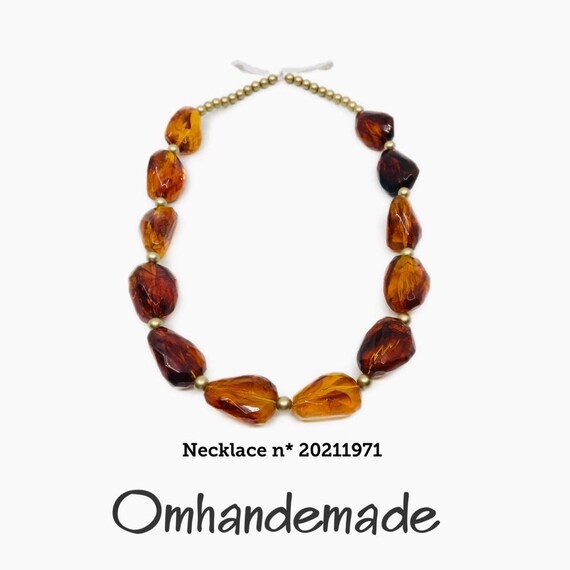 20211971 Brown and gold necklace, resin and wood necklace, single thread necklace without closure, large hazelnut stones necklace by Omhandemade