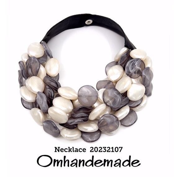 20232107 Gray and white necklace maxi necklace bib necklace multi strand necklace layered necklace beaded statement necklace