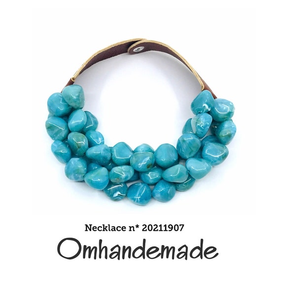 20211907 turquoise necklace chunky necklace stone choker necklace multi-strand beaded layers bib necklace with leather collar