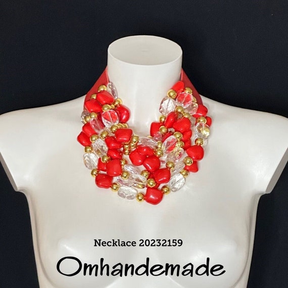 20232159 Clear and Red Gold Necklace Multi Strand Layered Necklace Chunky Necklace Leather Strap Necklace Statement Necklace.