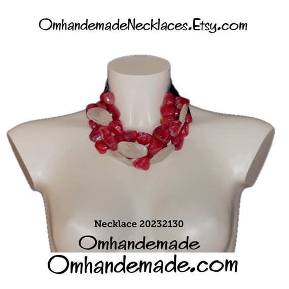 20232130 red and beige maxi necklace, bib necklace, large statement necklace, multi-strand layered necklace with relief collar