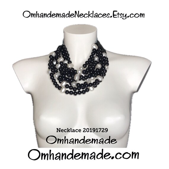 20191729 Black and white necklace, bib necklace, maxi choker necklace, multi-strand necklace, relief layered necklace with leather collar