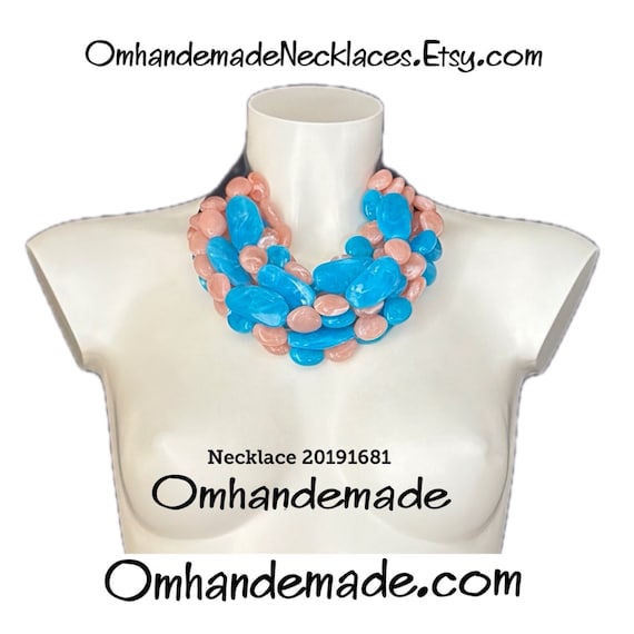 20191681 Bright turquoise and salmon necklace, bib necklace, maxi choker necklace, multi-strand layered relief necklace with collar