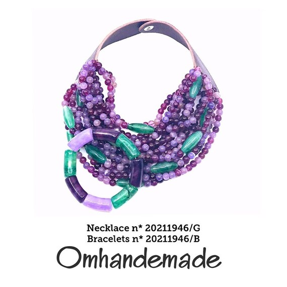 20211946 bib necklace, purple green and lilac necklace, necklace with bracelet, beaded layered multistrand necklace, amethyst and jade necklace