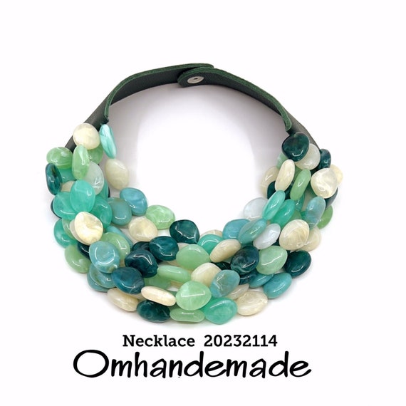 20232114 Green Necklace, Teal Colored Necklace, Mint Green, Teal, Bib Necklace, Chunky Layered Multi-Strand Choker Necklace