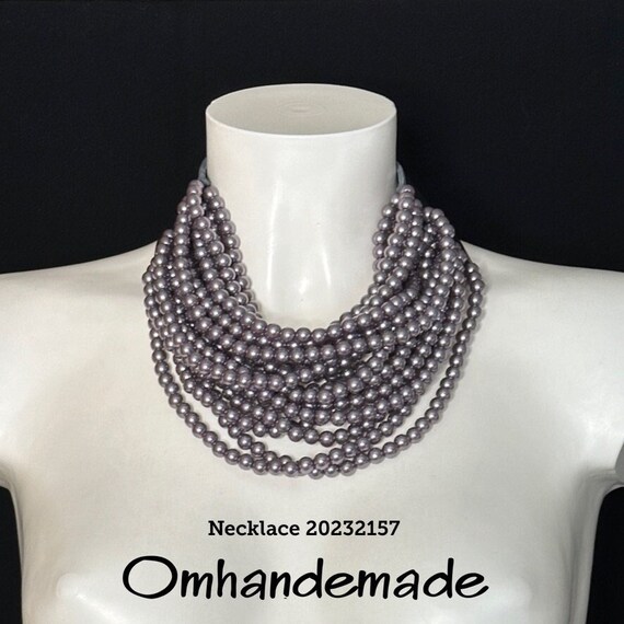 20232157 trendy dark gray pearl necklace maxi multi-strand choker necklace layered leather collar necklace with snap closure