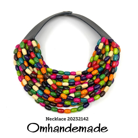 20232142 colorful necklace, wooden necklace, bib necklace, multistrand necklace layers beaded statement necklace, maxi necklace