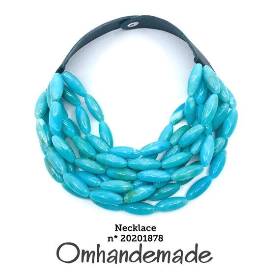 20201878 turquoise necklace bib necklace multistrand choker necklace resin leather multilayer necklace, leather collar clasp necklace