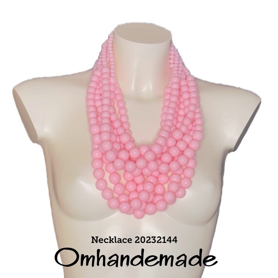 20232144 Pink necklace maxi bib necklace multi-strand layered necklace pink beaded necklace, pink necklace maxi statement necklace