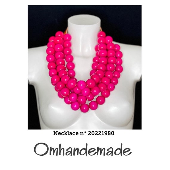 20221980 Fuchsia necklace large fuchsia wooden beads necklace, multi-strand beaded layered necklace, large wooden necklace bib necklace