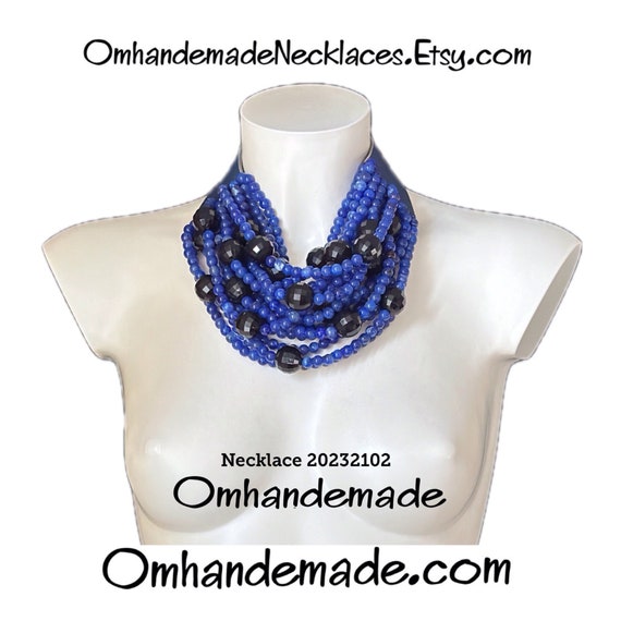 20232102 Blue and Black Necklace Bib Necklace Bracelet Necklace Multi Strand Necklace Layers Beaded Statement Necklace for Her