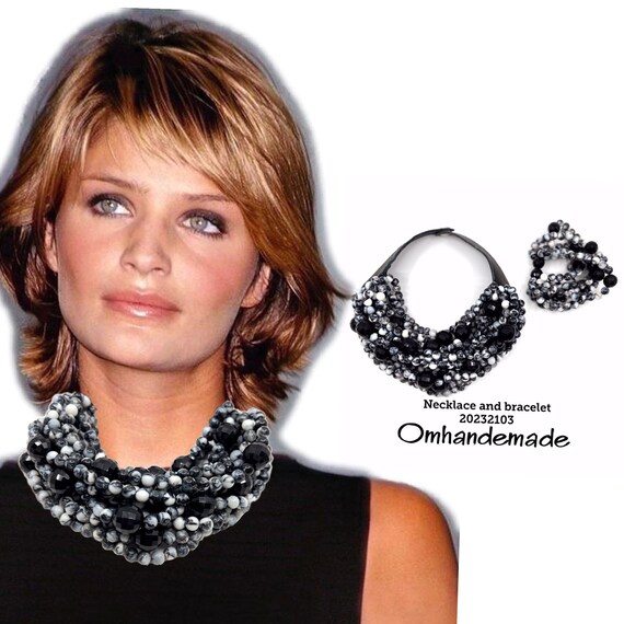 20232103 black and white necklace bib necklace bracelet necklace multi strand necklace layers beaded statement necklace for her