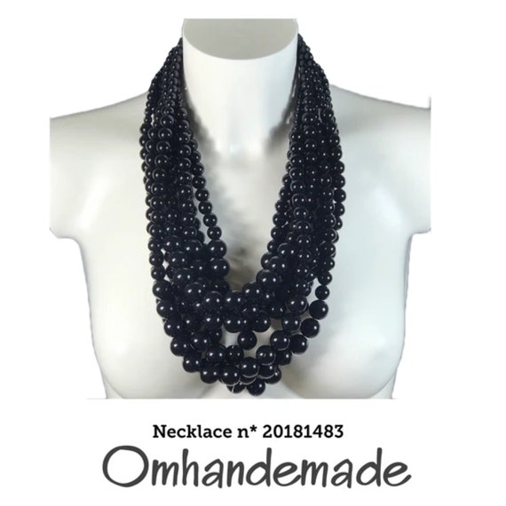 20181483 Black Necklace, Bib Necklace Multi Strand Layered Necklace Beaded Black Pearls Necklace for Her Statement Necklace