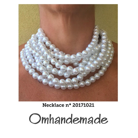 20171021 White Pearl Bib Necklace Multi Layered Beaded Choker Necklace Chunky Necklace Fairchild Baldwin Style Necklace