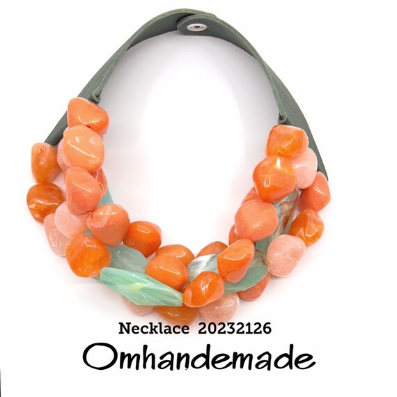 20232126 Orange teal salmon necklace multistrand necklace layered necklace beaded necklace bib necklace leather necklace maxi necklace