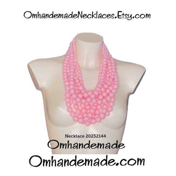 20232144 Pink necklace maxi bib necklace multi-strand layered necklace pink beaded necklace, pink necklace maxi statement necklace