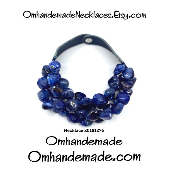20181276 blue lapis necklace chunky necklace stone choker necklace layered multi-strand relief necklace bib necklace leather closure