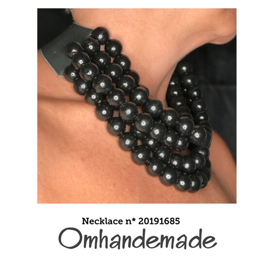 20191685 Black necklace black wood necklace, bib necklace multistrand layered relief necklace, chunky necklace maxi necklaces for her