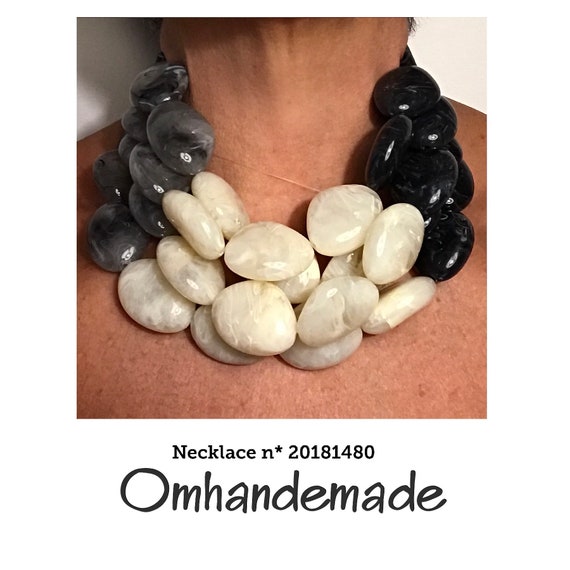 20181480 black cream gray necklace, chunky necklace, multistrand necklace, layered necklace, relief necklace, bib necklace gift idea