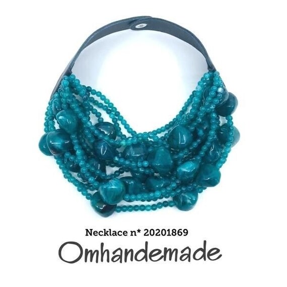 20201869 Teal necklace, multistrand choker necklace layers embossed closure collar leather bib necklace, women statement necklace