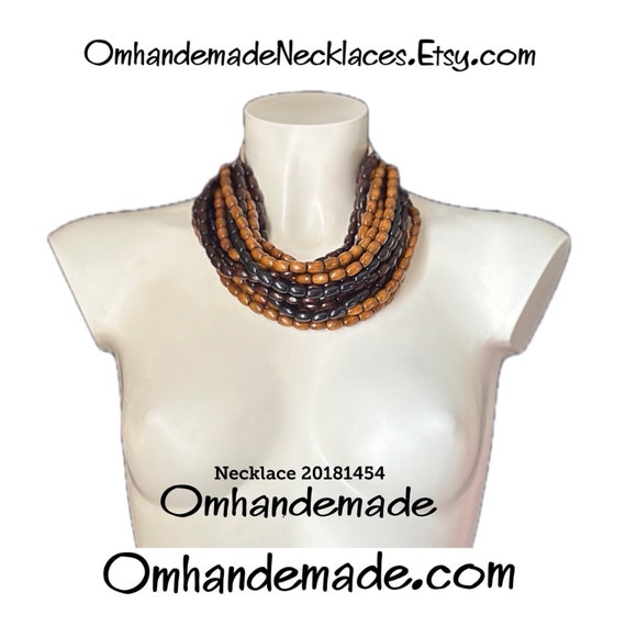 20181454 black and brown necklace wood necklace multistrand necklace bib necklace layered choker relief leather collar Omhandemade