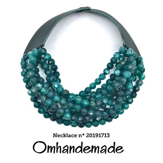 20191713 necklace teal multistrand choker necklace layers embossed bib necklace with multistrand collar leather closure by Omhandemade