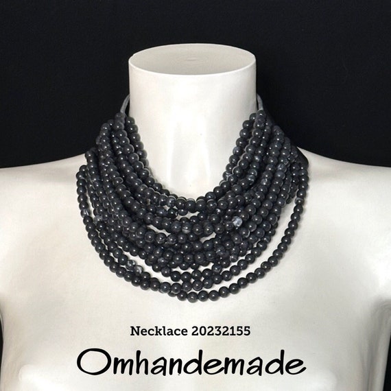20232155 Black Necklace Layered Beaded Choker Necklace Multistrand Resin Necklace Leather Backing Necklace Statement Necklace