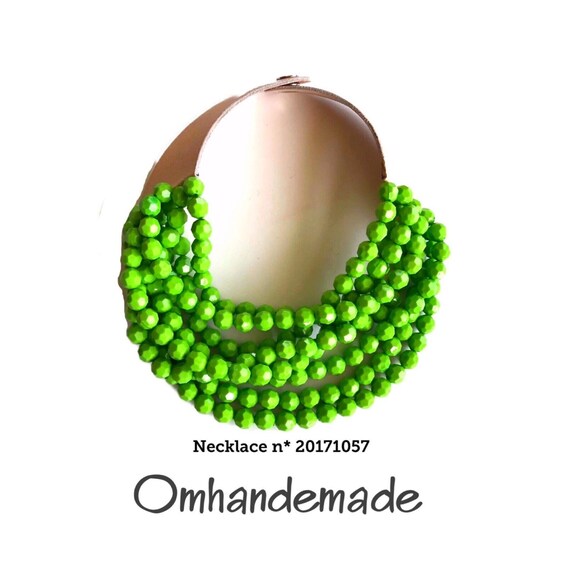 20171057 Lime Green Bib Necklace Beaded Layered Multi Strand Choker Necklace, Chunky Necklace Fairchild Baldwin Style Necklace