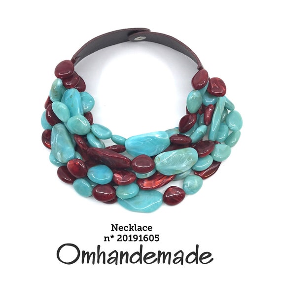 20191605 Turquoise and burgundy necklace, maxi necklace, relief layered multistrand bib necklace, statement necklace by Omhandemade