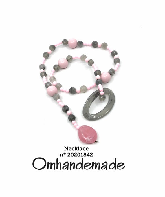 20201842 Pink and gray necklace, no clasp necklace, necklace by Omhandemade, gift idea jewelry necklace for her, y necklace