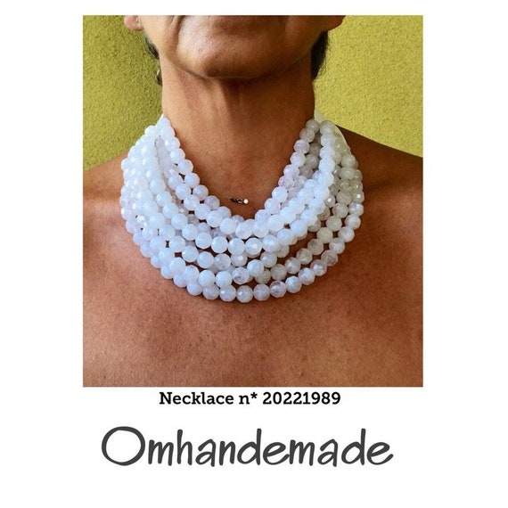 20221989 White Necklace, Bib Necklace, Beaded Multilayer Necklace, Leather Clasp Collar Necklace, Fairchild Baldwin Style Necklace