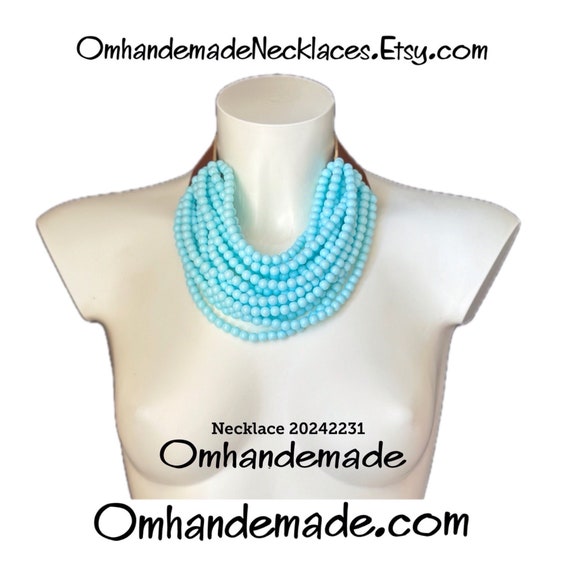 20242231 light blue necklace bib necklace layered multi-strand necklace maxi resin choker necklace with collar and leather closure