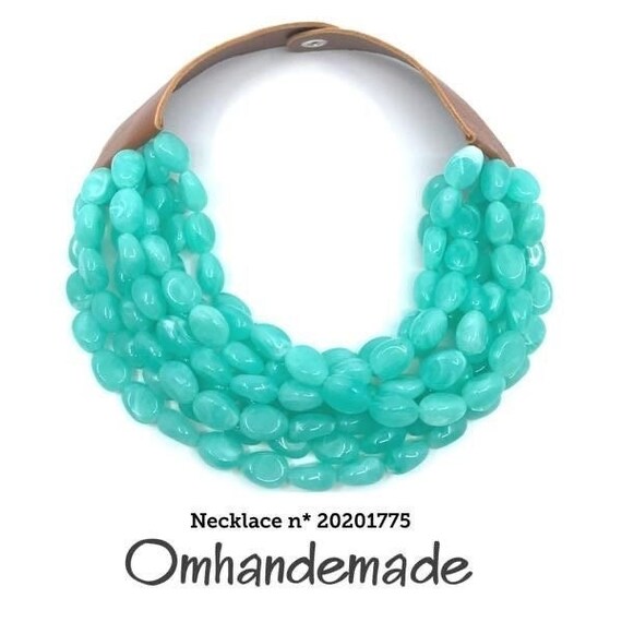 20201775 Green water necklace Bib choker multistrand necklace layers embossed clasp leather bijou resin and leather maxi necklace