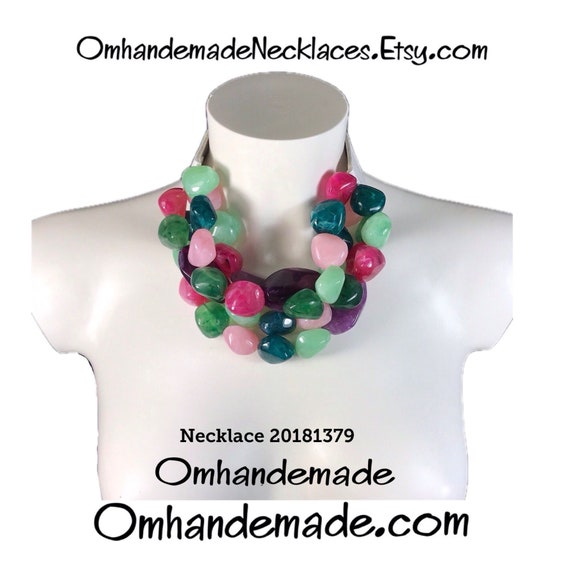 20181379 Necklace green pink mint green purple teal fuchsia, multi-strand choker bib necklace layered relief stone necklace